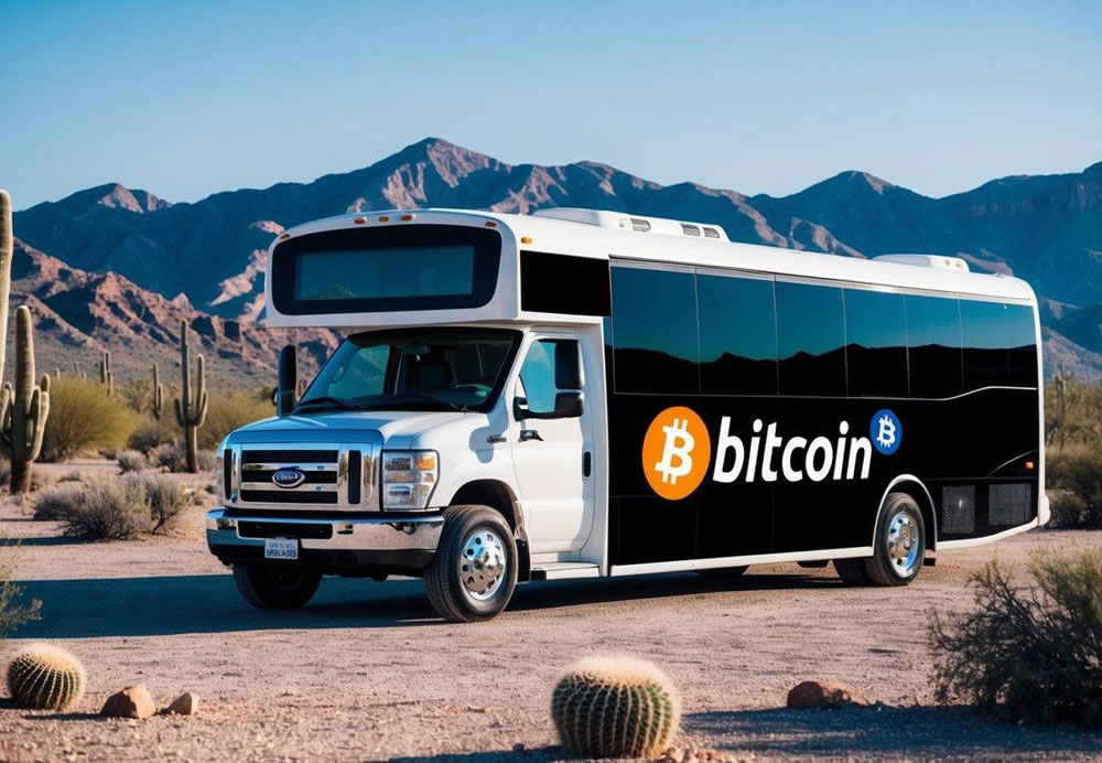 A luxurious tour bus parked in the Arizona desert, surrounded by cacti and mountains, with a digital Bitcoin payment logo displayed prominently on the side