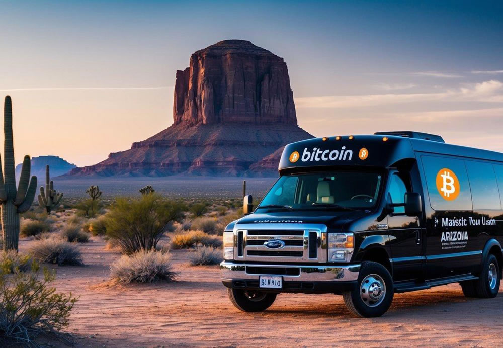 A desert landscape with a luxury tour van parked in front of a majestic Arizona landmark, with a Bitcoin symbol prominently displayed on the van's payment options