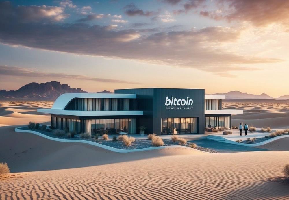 A futuristic desert landscape with a luxury tour company's office, showcasing the acceptance of Bitcoin as a payment method in 2025