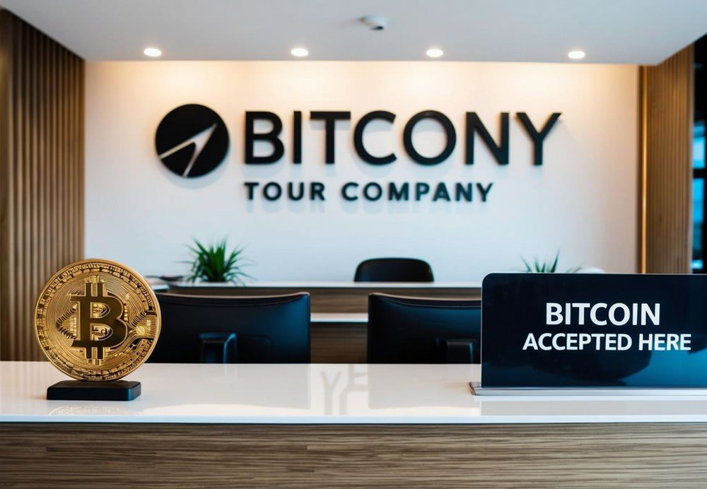 A luxury tour company office with a sleek, modern design and a prominent "Bitcoin Accepted Here" sign displayed at the payment counter