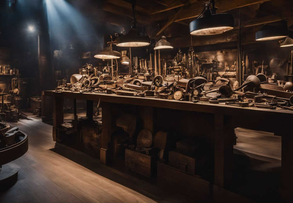 A room with a table with many objects on it